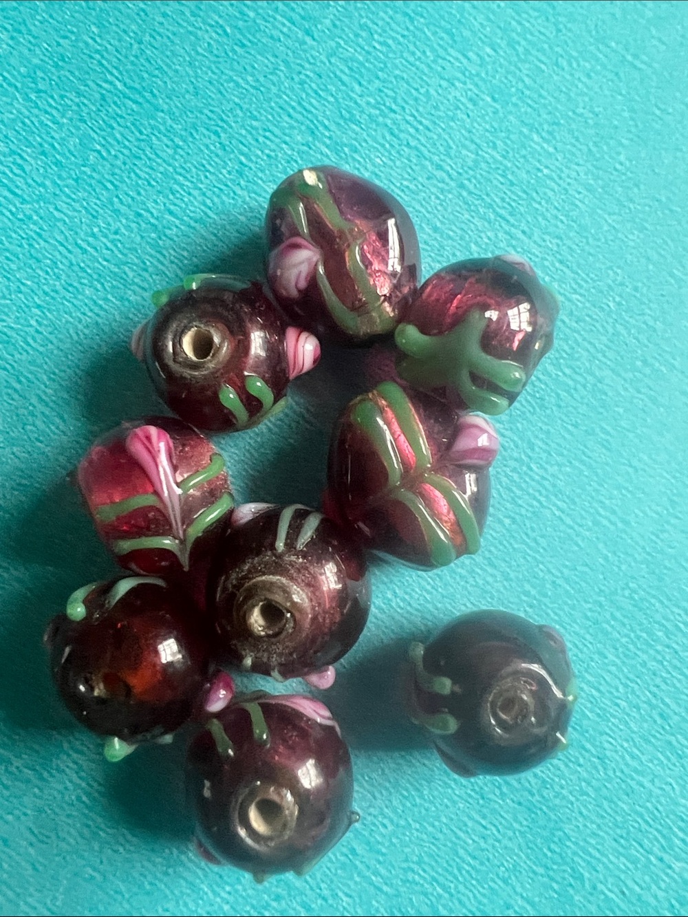 Handmade Glass Lampwork Beads in Deep Wine with Pink & Green Accents